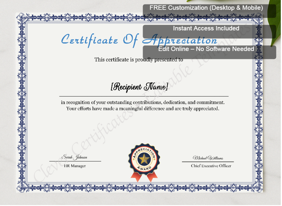 Framed preview featuring Free Editor badge stack for Appreciation Certificate Template