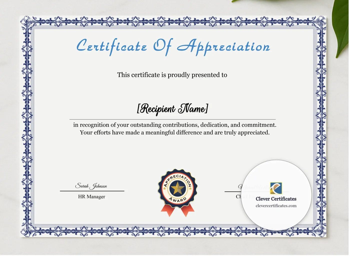 Appreciation Certificate Template presented in a sleek wooden frame, elegantly arranged on a stylish table.