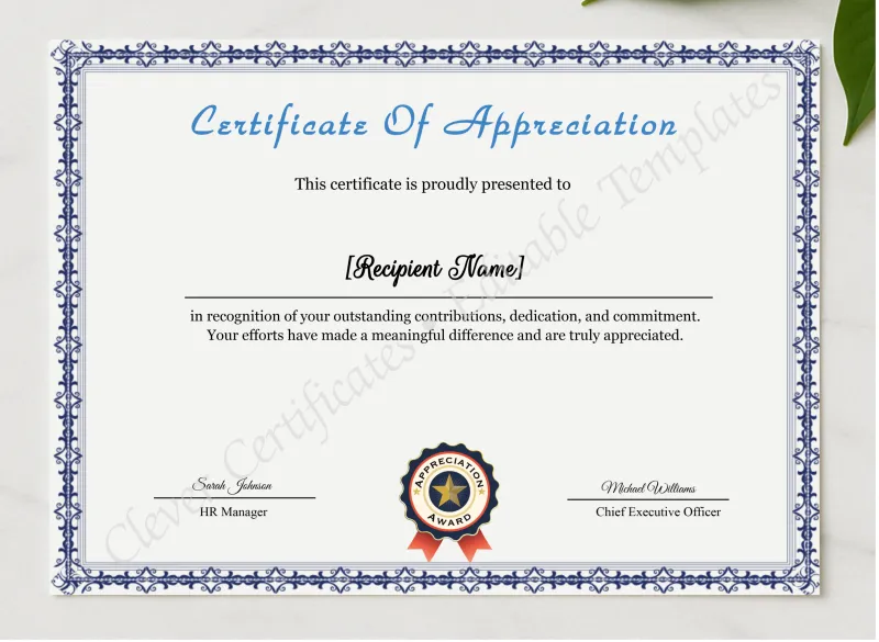 Appreciation Certificate Template presented in a sleek wooden frame, elegantly arranged on a stylish table.