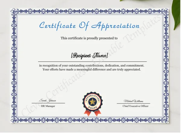 Appreciation Certificate Template presented in a sleek wooden frame, elegantly arranged on a stylish table.