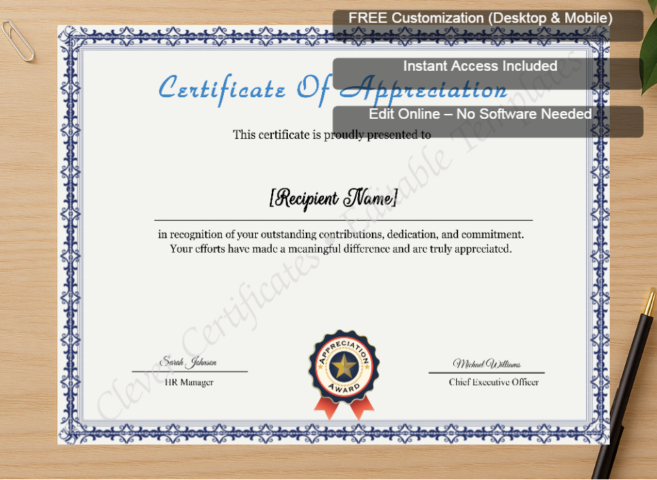 Zoomed preview with Free Editor badge stack for Appreciation Certificate Template