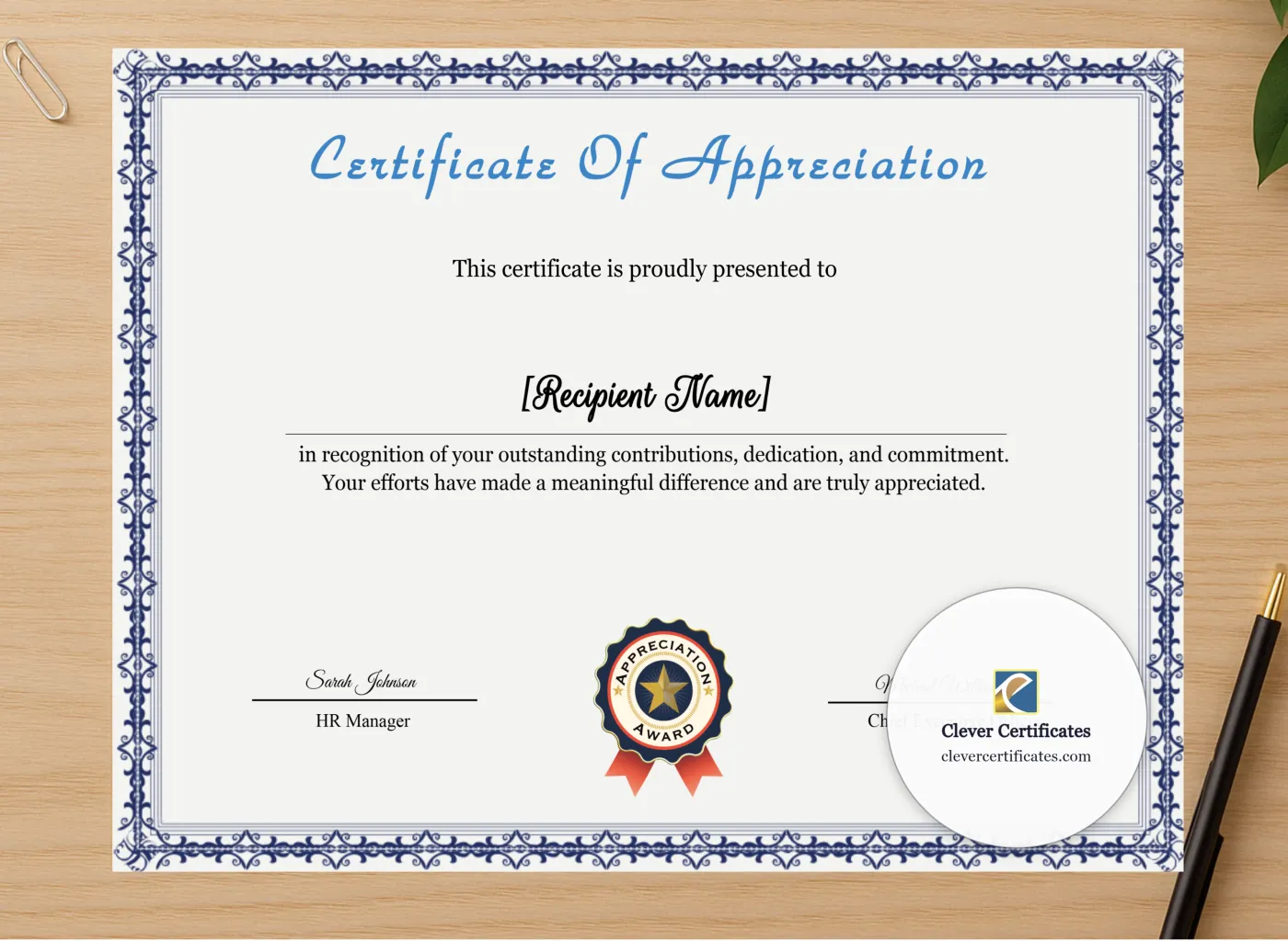Professional preview of Appreciation Certificate Template certificate on high-quality stationery paper, ideal for showcasing the final look.