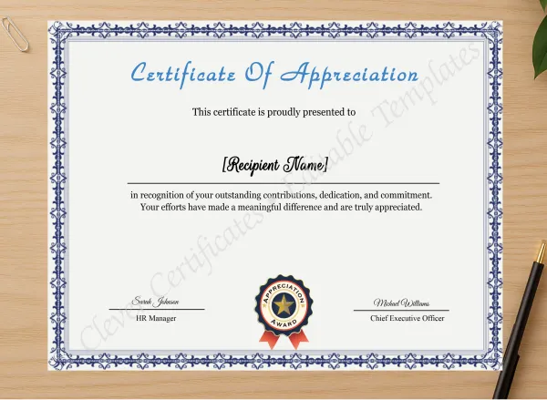 Professional preview of Appreciation Certificate Template certificate on high-quality stationery paper, ideal for showcasing the final look.