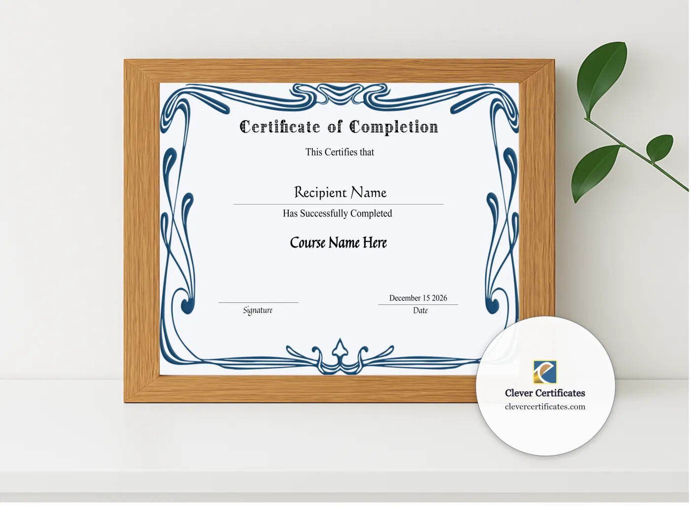 Realistic mockup featuring Editable Certificate Of Completion displayed within a modern frame, set against a minimalistic background.