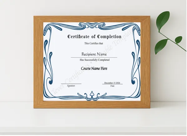 Realistic mockup featuring Editable Certificate Of Completion displayed within a modern frame, set against a minimalistic background.