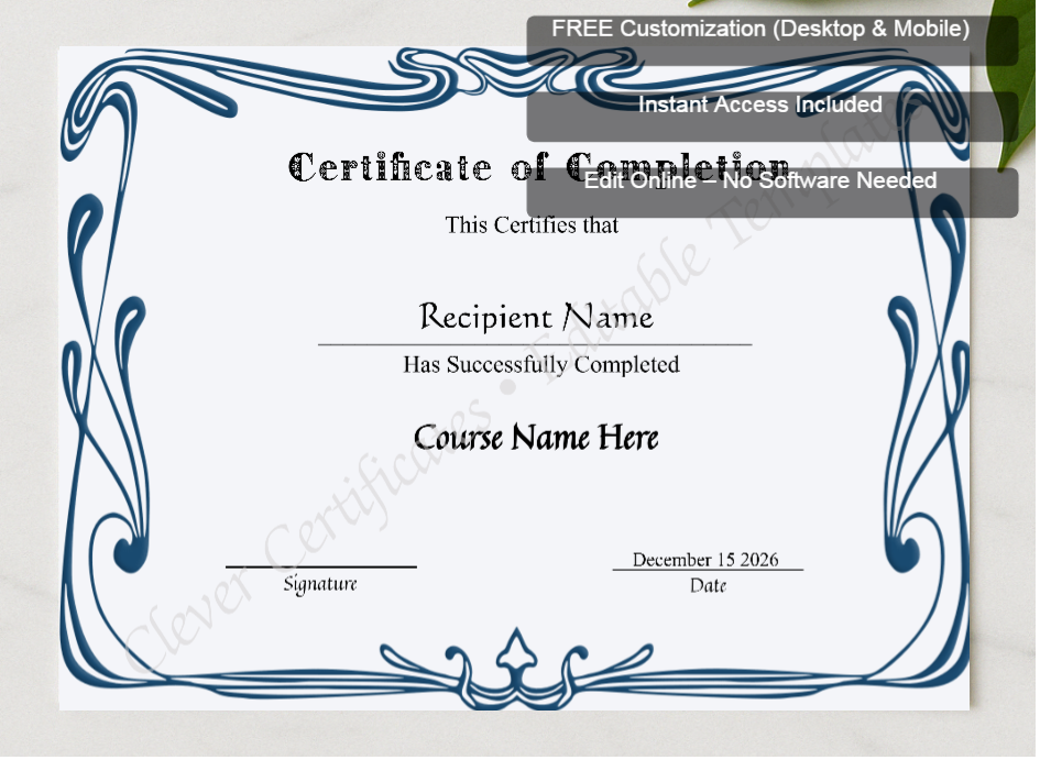 Framed preview featuring Free Editor badge stack for Editable Certificate Of Completion
