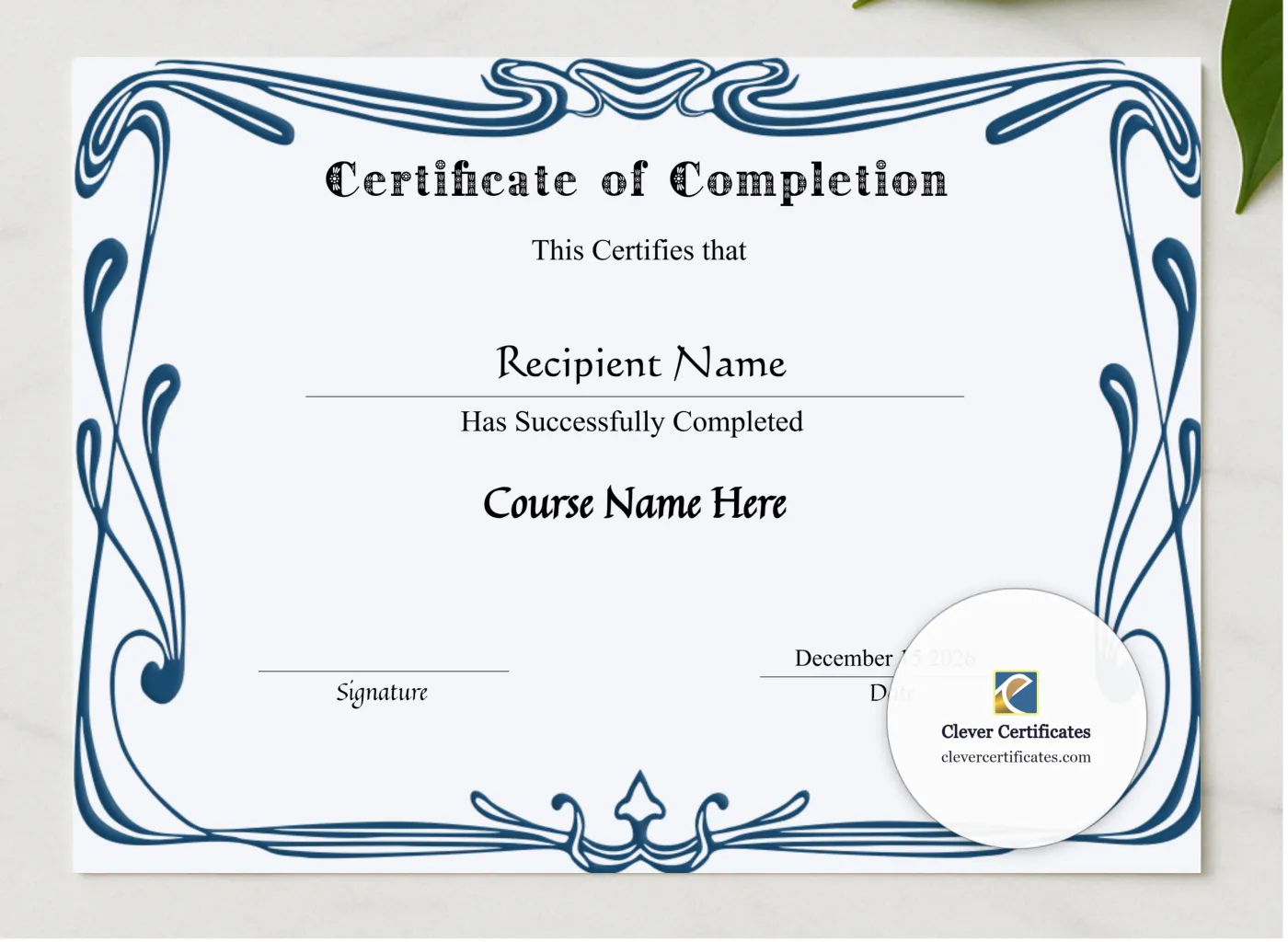 Editable Certificate Of Completion presented in a sleek wooden frame, elegantly arranged on a stylish table.