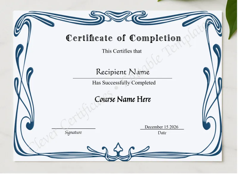 Editable Certificate Of Completion presented in a sleek wooden frame, elegantly arranged on a stylish table.