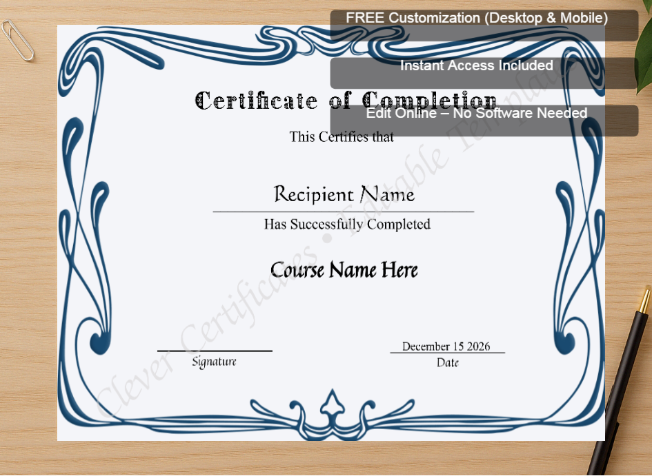 Zoomed preview with Free Editor badge stack for Editable Certificate Of Completion