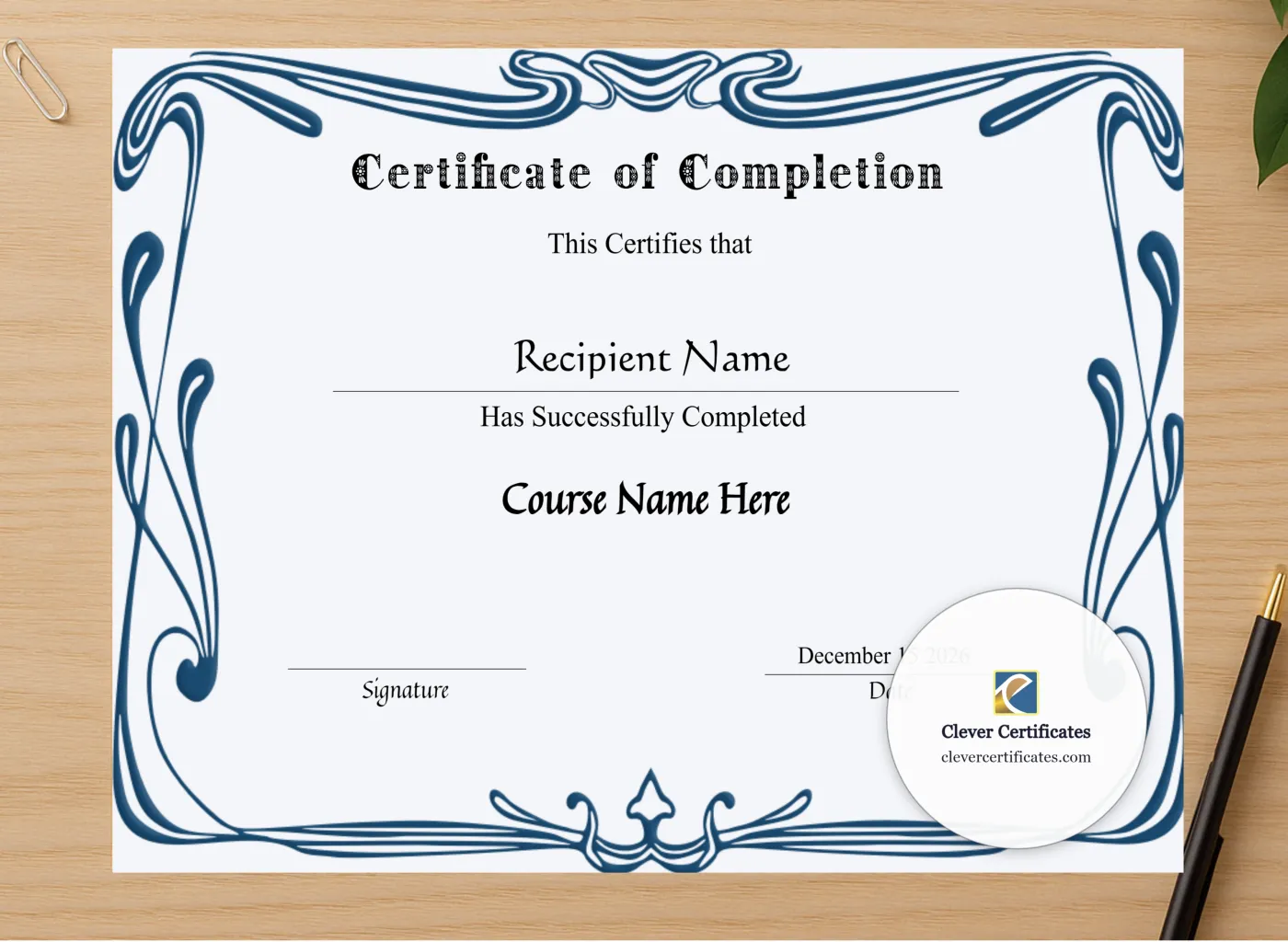 Professional preview of Editable Certificate Of Completion certificate on high-quality stationery paper, ideal for showcasing the final look.