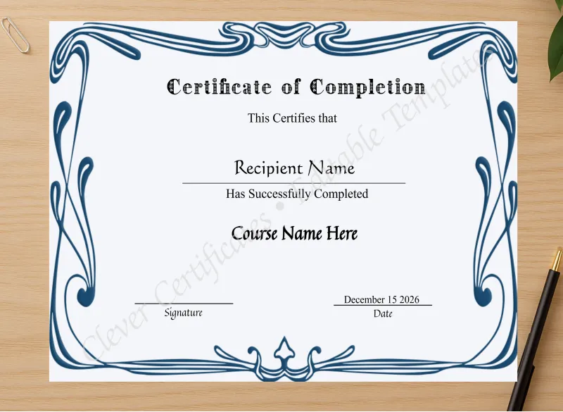 Professional preview of Editable Certificate Of Completion certificate on high-quality stationery paper, ideal for showcasing the final look.