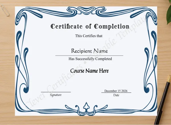 Professional preview of Editable Certificate Of Completion certificate on high-quality stationery paper, ideal for showcasing the final look.