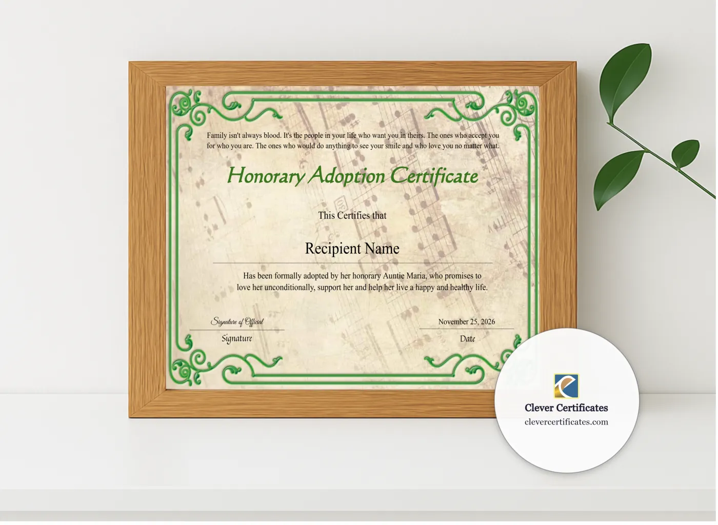 Realistic mockup featuring Certificate Of Child Adoption displayed within a modern frame, set against a minimalistic background.