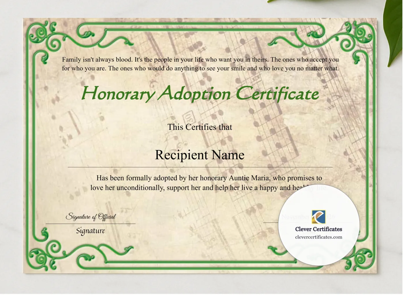 Certificate Of Child Adoption presented in a sleek wooden frame, elegantly arranged on a stylish table.