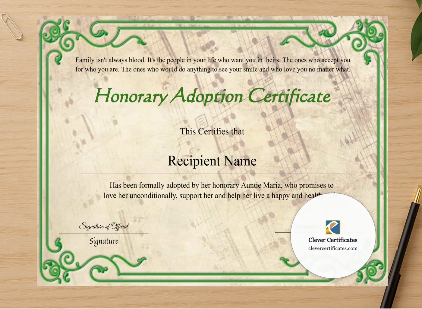 Professional preview of Certificate Of Child Adoption certificate on high-quality stationery paper, ideal for showcasing the final look.