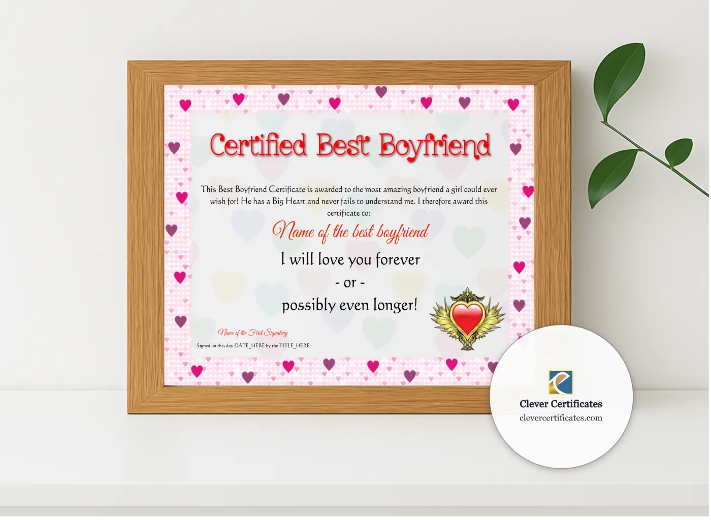 Realistic mockup featuring Certified Best Boyfriend displayed within a modern frame, set against a minimalistic background.