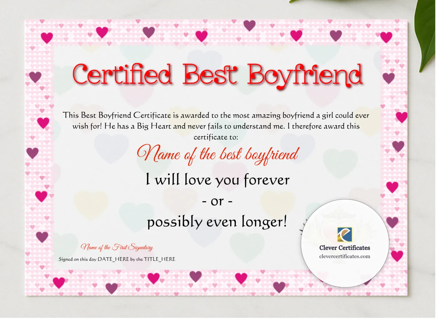Certified Best Boyfriend presented in a sleek wooden frame, elegantly arranged on a stylish table.