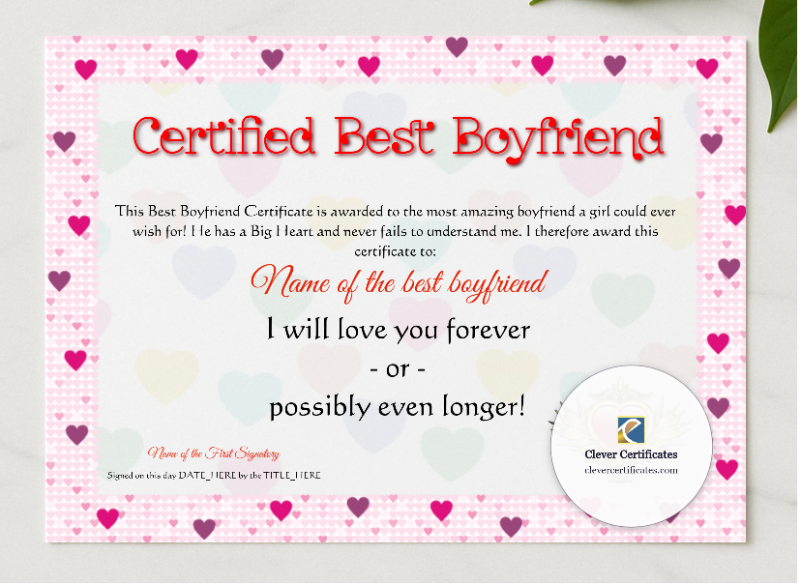 Certified Best Boyfriend presented in a sleek wooden frame, elegantly arranged on a stylish table.
