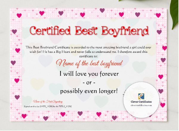 Certified Best Boyfriend presented in a sleek wooden frame, elegantly arranged on a stylish table.