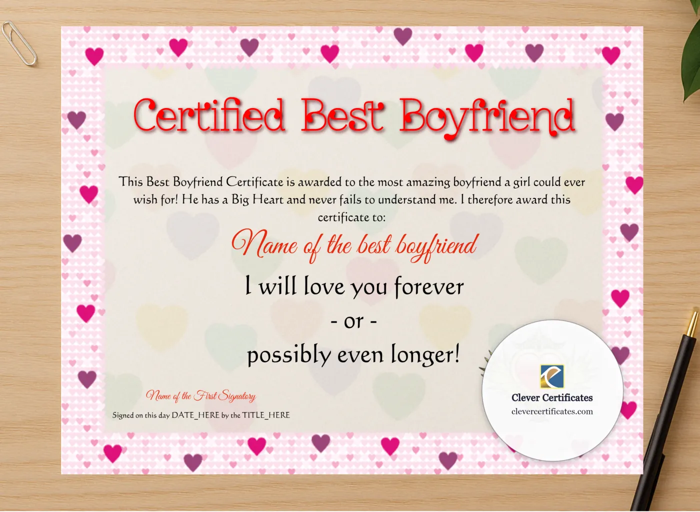 Professional preview of Certified Best Boyfriend certificate on high-quality stationery paper, ideal for showcasing the final look.