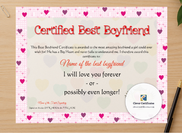 Professional preview of Certified Best Boyfriend certificate on high-quality stationery paper, ideal for showcasing the final look.