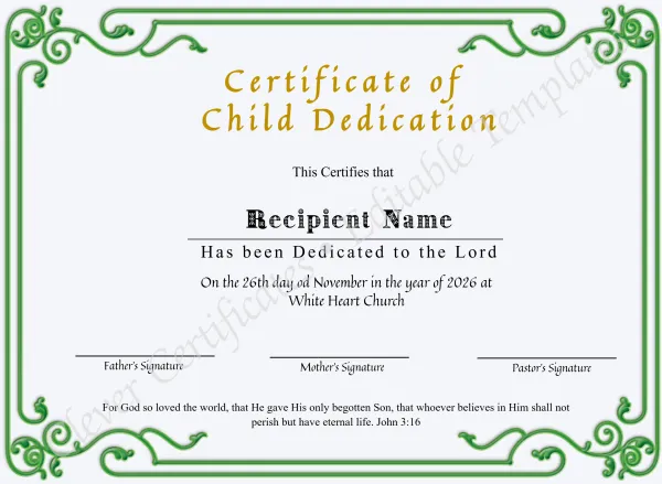 Certificate Of Child Dedication