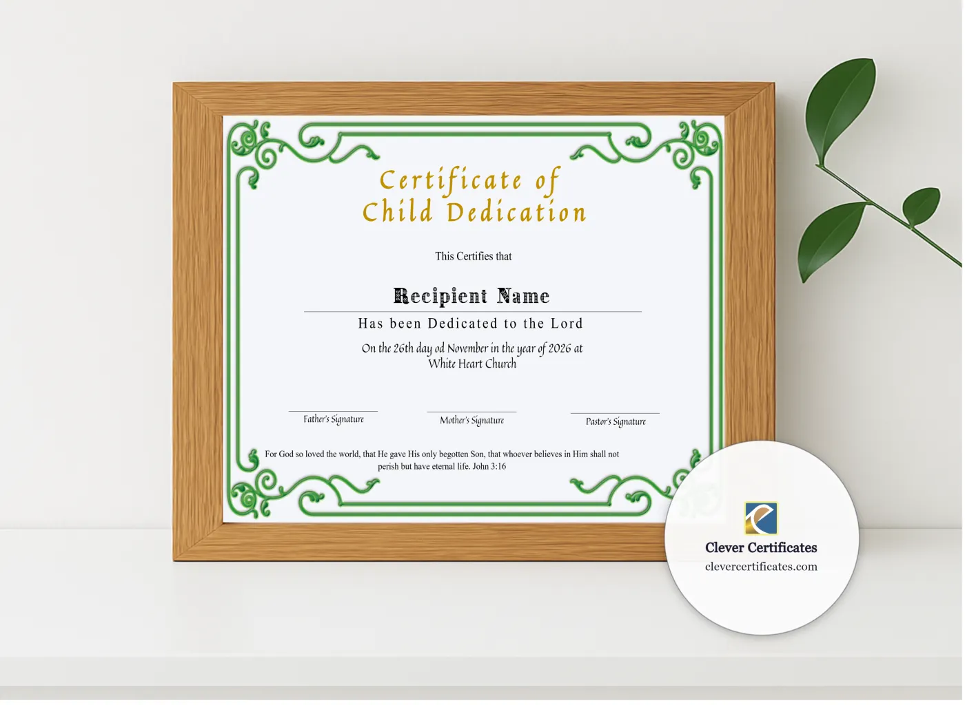 Realistic mockup featuring Certificate Of Child Dedication displayed within a modern frame, set against a minimalistic background.