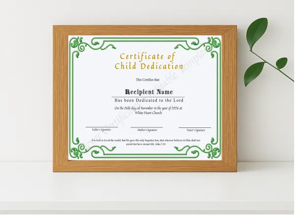 Realistic mockup featuring Certificate Of Child Dedication displayed within a modern frame, set against a minimalistic background.