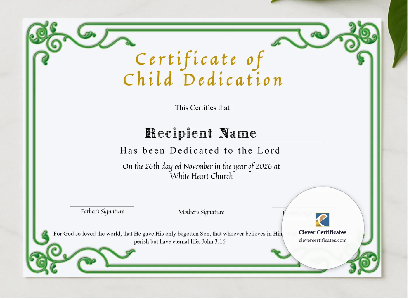 Certificate Of Child Dedication presented in a sleek wooden frame, elegantly arranged on a stylish table.