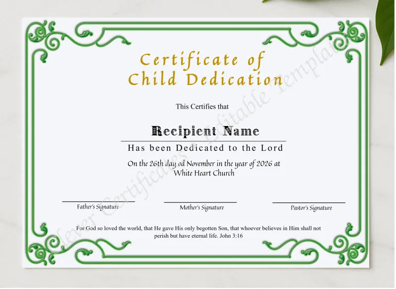Certificate Of Child Dedication presented in a sleek wooden frame, elegantly arranged on a stylish table.