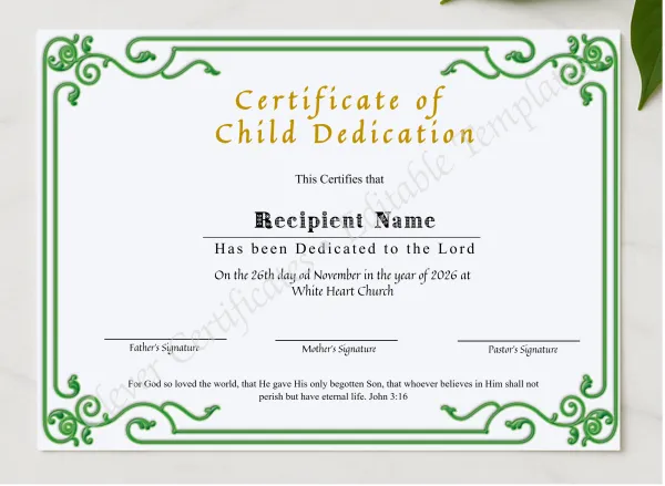 Certificate Of Child Dedication presented in a sleek wooden frame, elegantly arranged on a stylish table.
