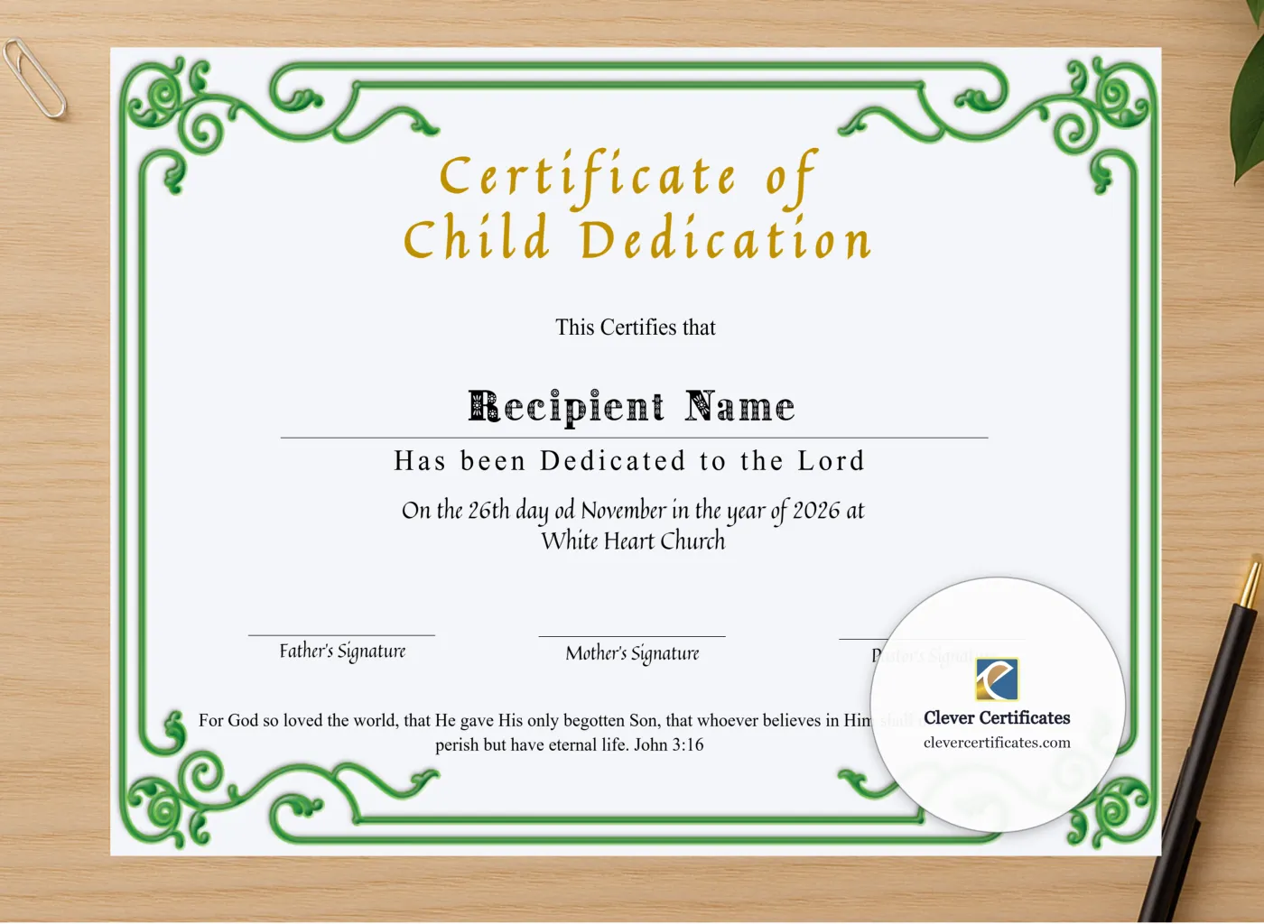 Professional preview of Certificate Of Child Dedication certificate on high-quality stationery paper, ideal for showcasing the final look.