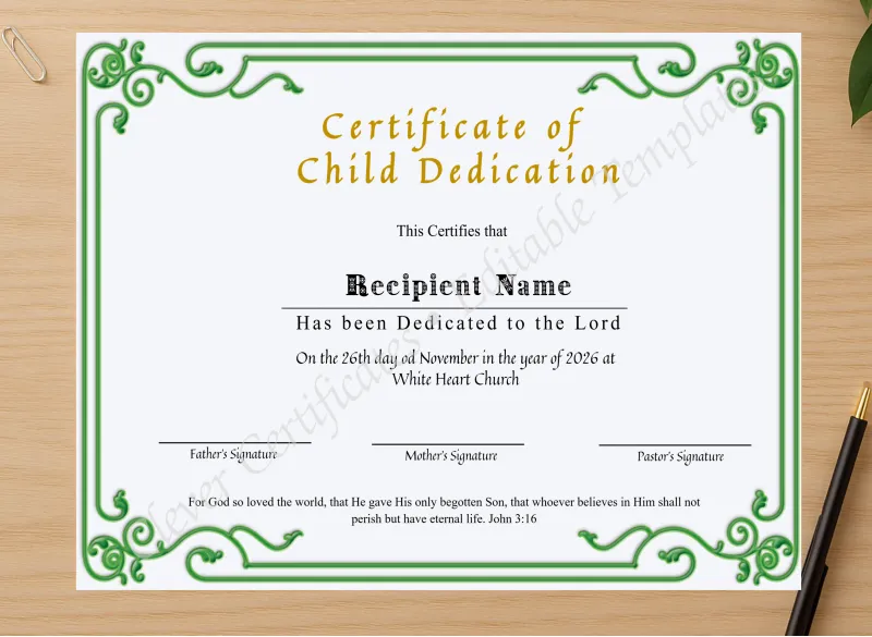 Professional preview of Certificate Of Child Dedication certificate on high-quality stationery paper, ideal for showcasing the final look.