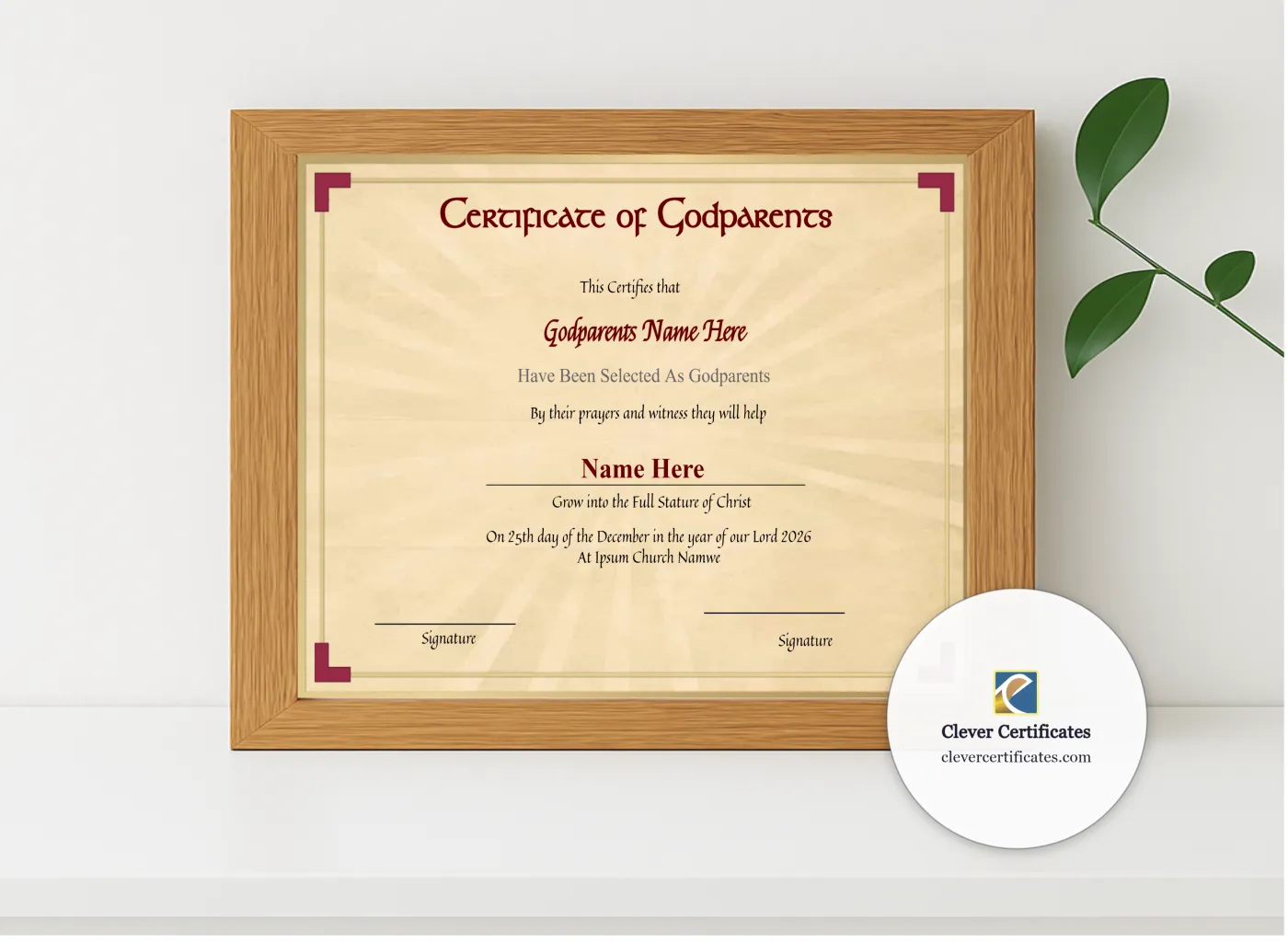 Realistic mockup featuring Editable Godparents Certificate displayed within a modern frame, set against a minimalistic background.