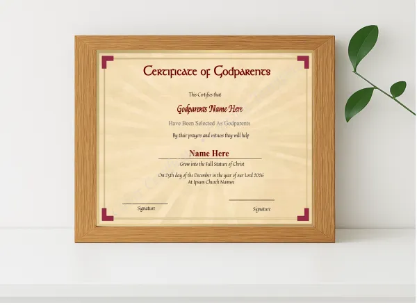 Realistic mockup featuring Editable Godparents Certificate displayed within a modern frame, set against a minimalistic background.