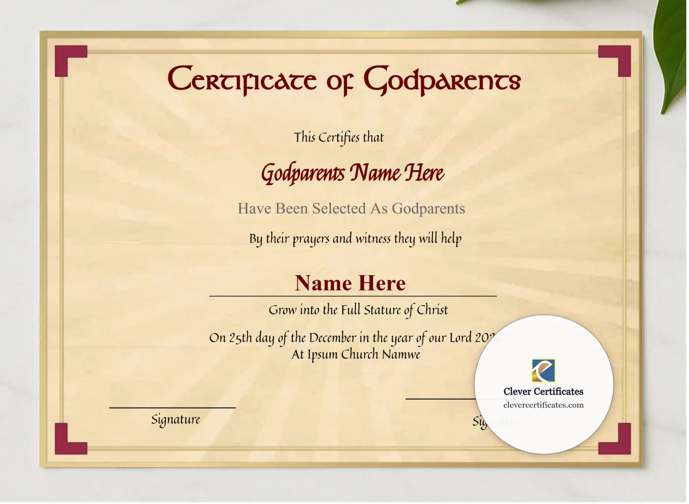 Editable Godparents Certificate presented in a sleek wooden frame, elegantly arranged on a stylish table.