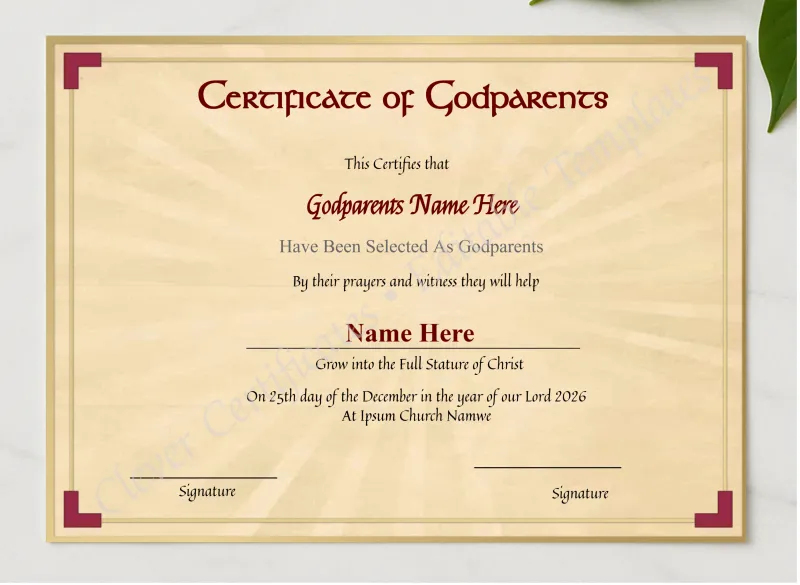 Editable Godparents Certificate presented in a sleek wooden frame, elegantly arranged on a stylish table.