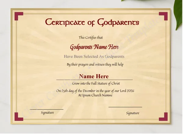 Editable Godparents Certificate presented in a sleek wooden frame, elegantly arranged on a stylish table.
