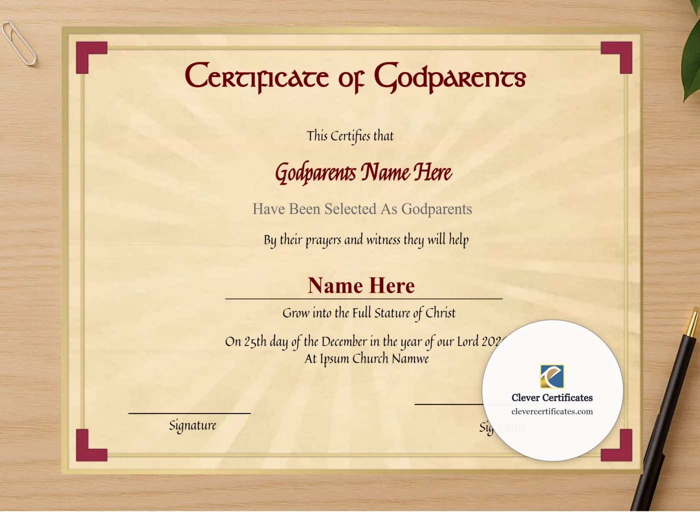 Professional preview of Editable Godparents Certificate certificate on high-quality stationery paper, ideal for showcasing the final look.