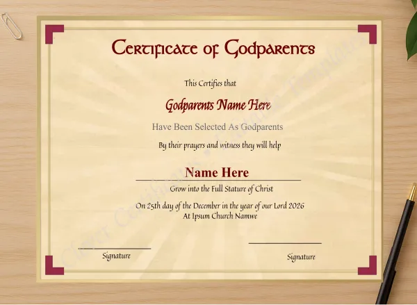 Professional preview of Editable Godparents Certificate certificate on high-quality stationery paper, ideal for showcasing the final look.