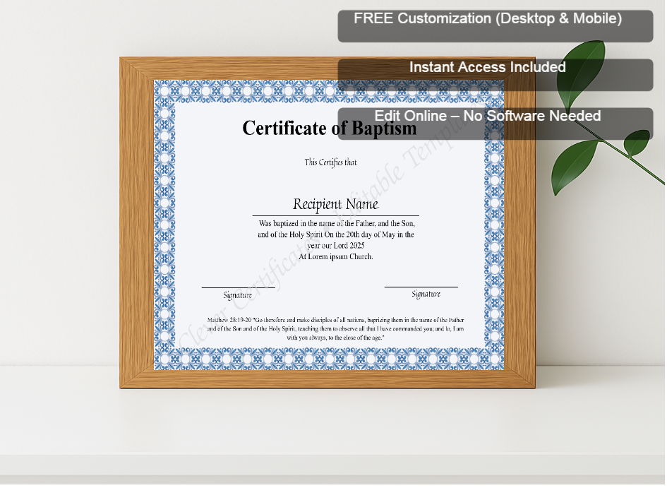 Premium mockup with Free Editor badge stack for Printable Certificate Of Baptism