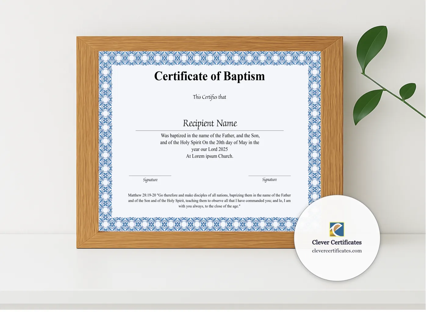 Realistic mockup featuring Printable Certificate Of Baptism displayed within a modern frame, set against a minimalistic background.