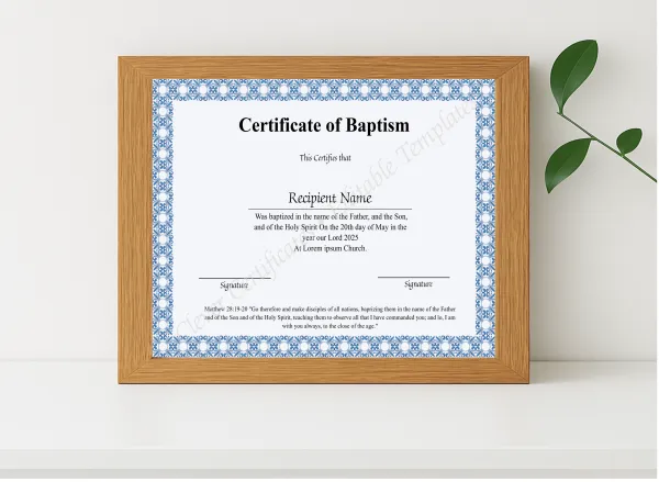 Realistic mockup featuring Printable Certificate Of Baptism displayed within a modern frame, set against a minimalistic background.