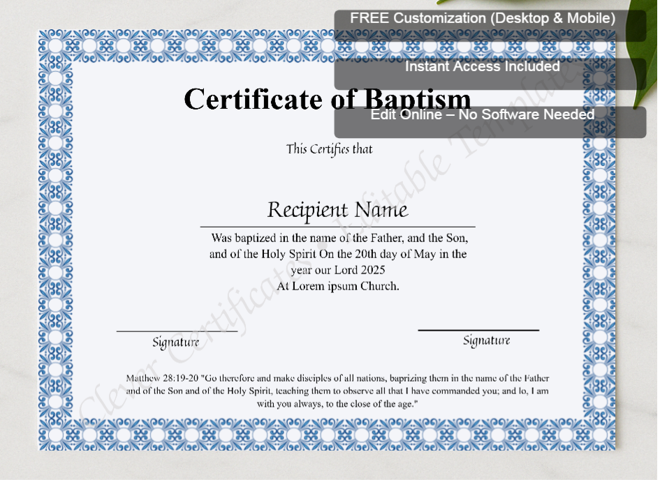 Framed preview featuring Free Editor badge stack for Printable Certificate Of Baptism