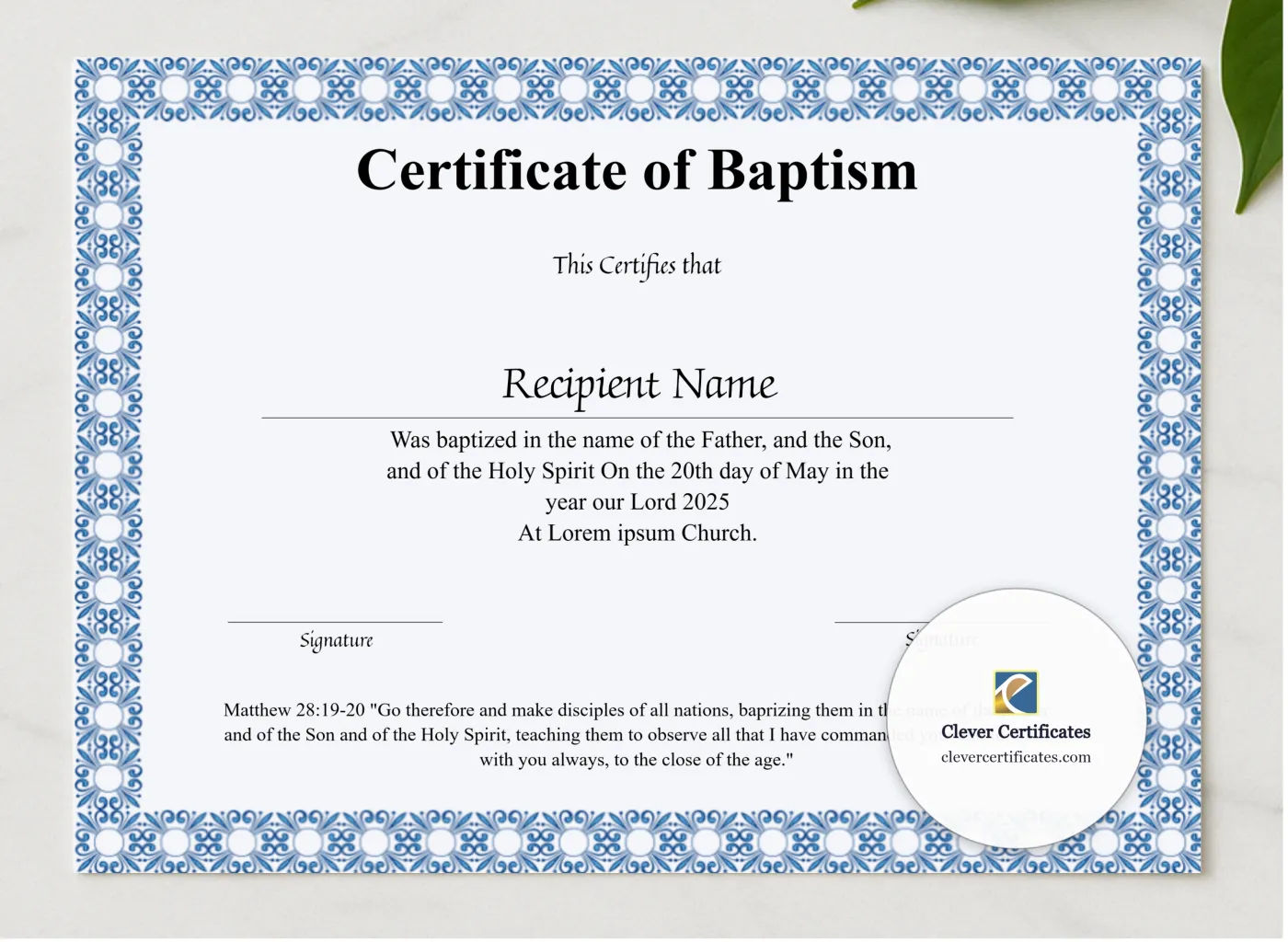 Printable Certificate Of Baptism presented in a sleek wooden frame, elegantly arranged on a stylish table.