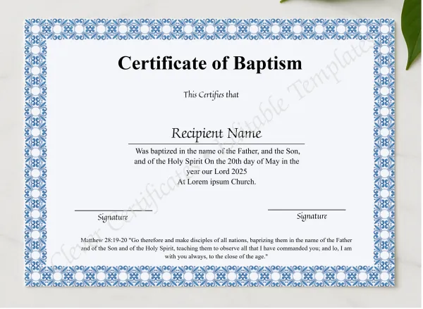 Printable Certificate Of Baptism presented in a sleek wooden frame, elegantly arranged on a stylish table.