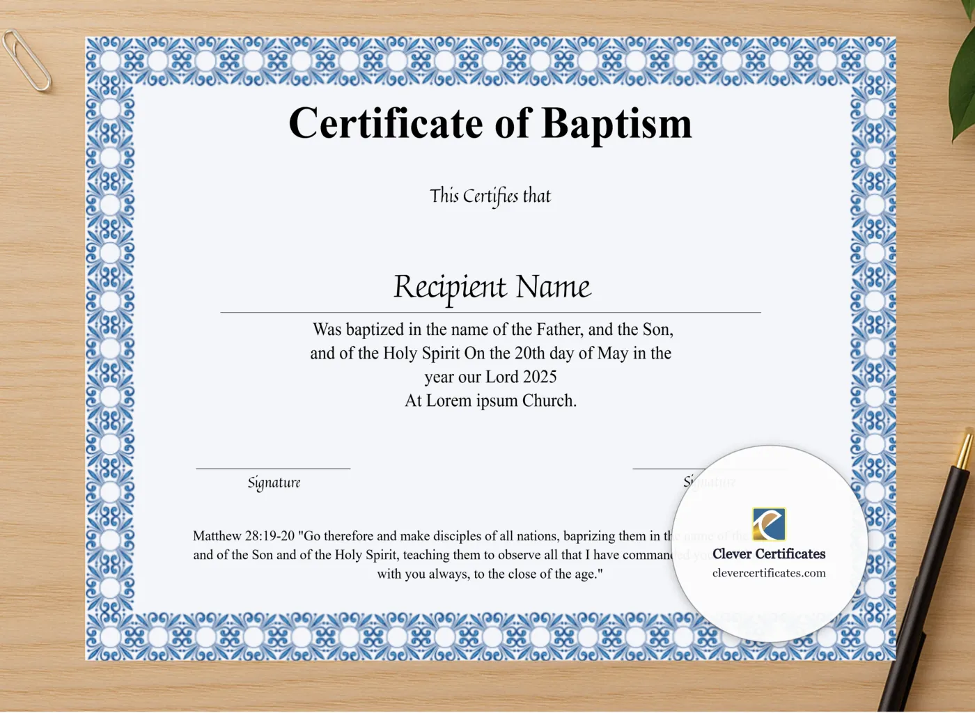 Professional preview of Printable Certificate Of Baptism certificate on high-quality stationery paper, ideal for showcasing the final look.