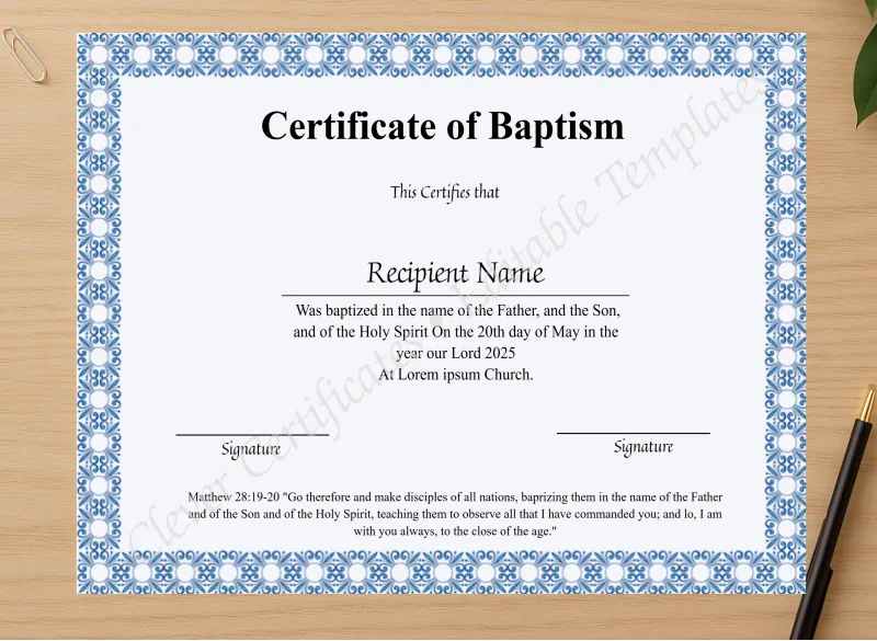 Professional preview of Printable Certificate Of Baptism certificate on high-quality stationery paper, ideal for showcasing the final look.