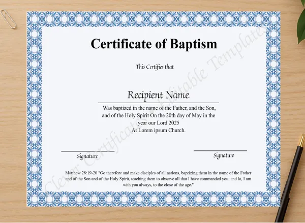 Professional preview of Printable Certificate Of Baptism certificate on high-quality stationery paper, ideal for showcasing the final look.