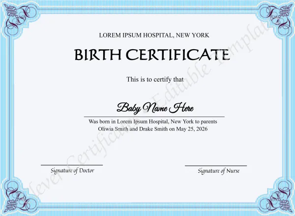 Editable Baby Birth Certificate